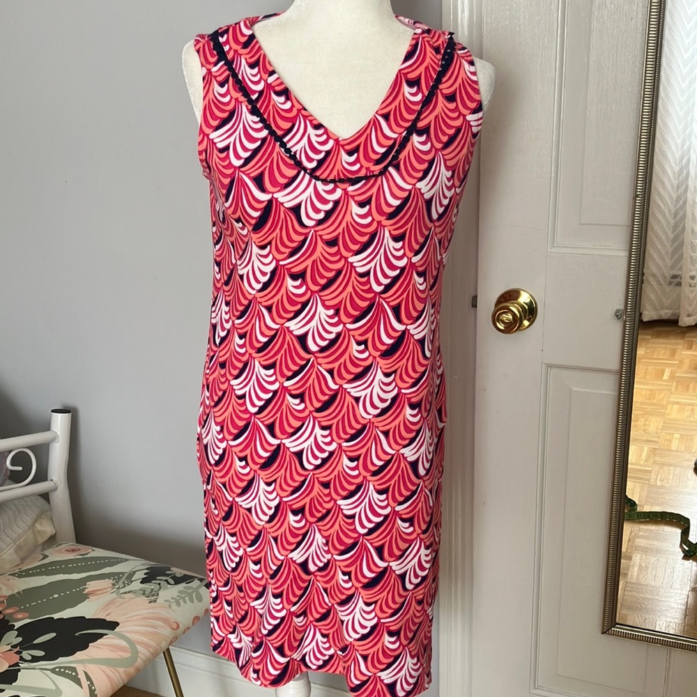 Talbots sleeveless cotton coral pink navy shift summer dress Medium Petite
